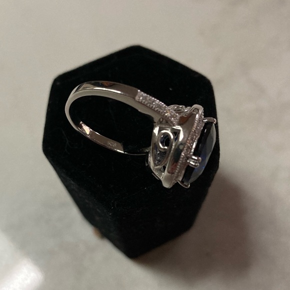 925 Silver Blue CZ Surrounded & edged with Clear CZ stones Scrolled cage Sz 7 - Picture 11 of 14